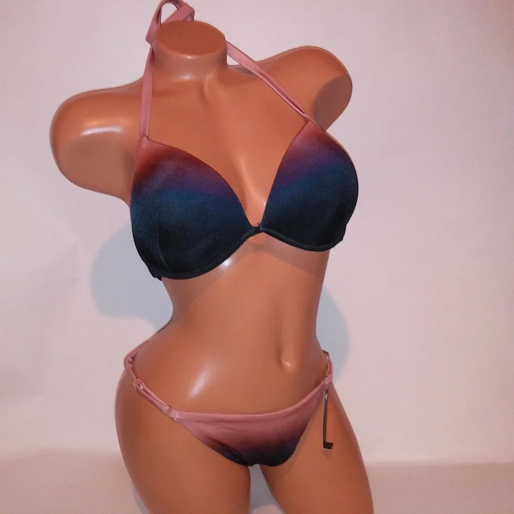 Victoria Secret Swim Bikini 38C Top XL Bottom Ombre Black Mauve Push Up String